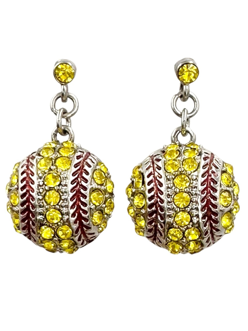 Softball Theme Rhinestone Post Dangle Drop Earrings